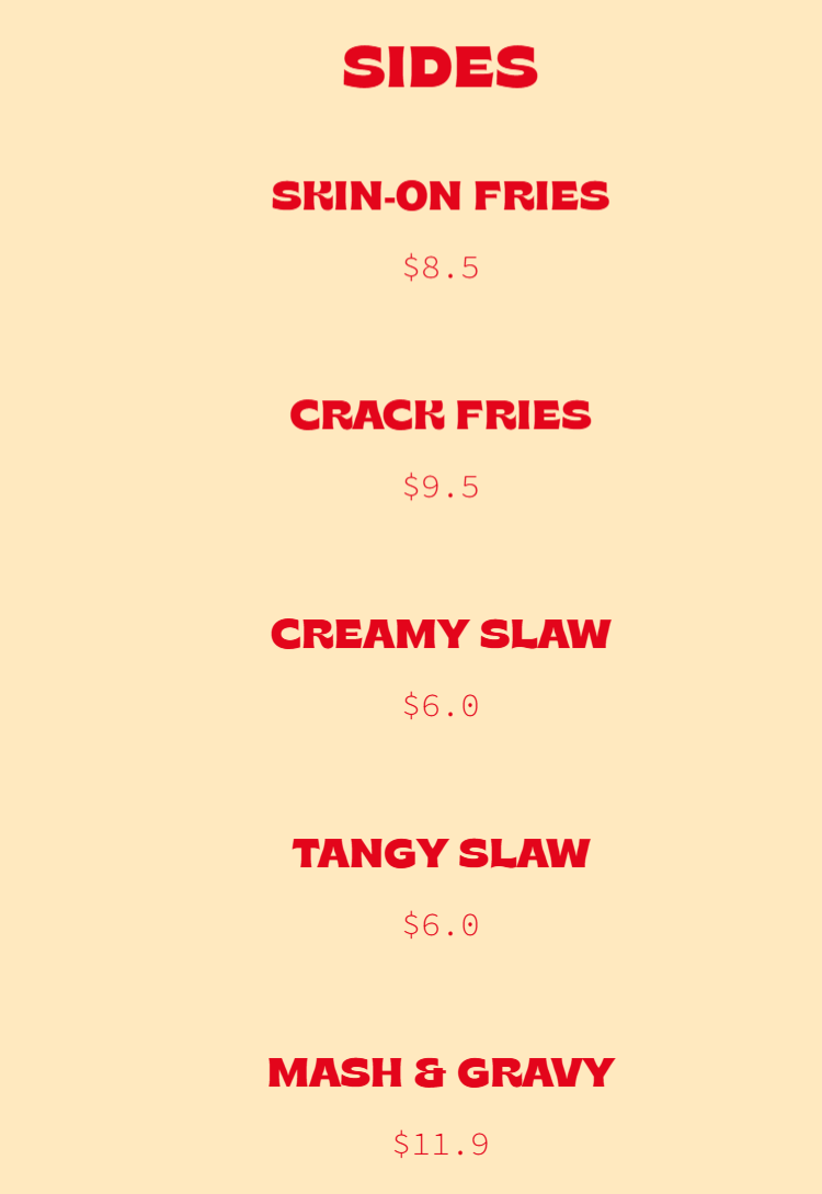 Fowlboys Sides Menu Prices