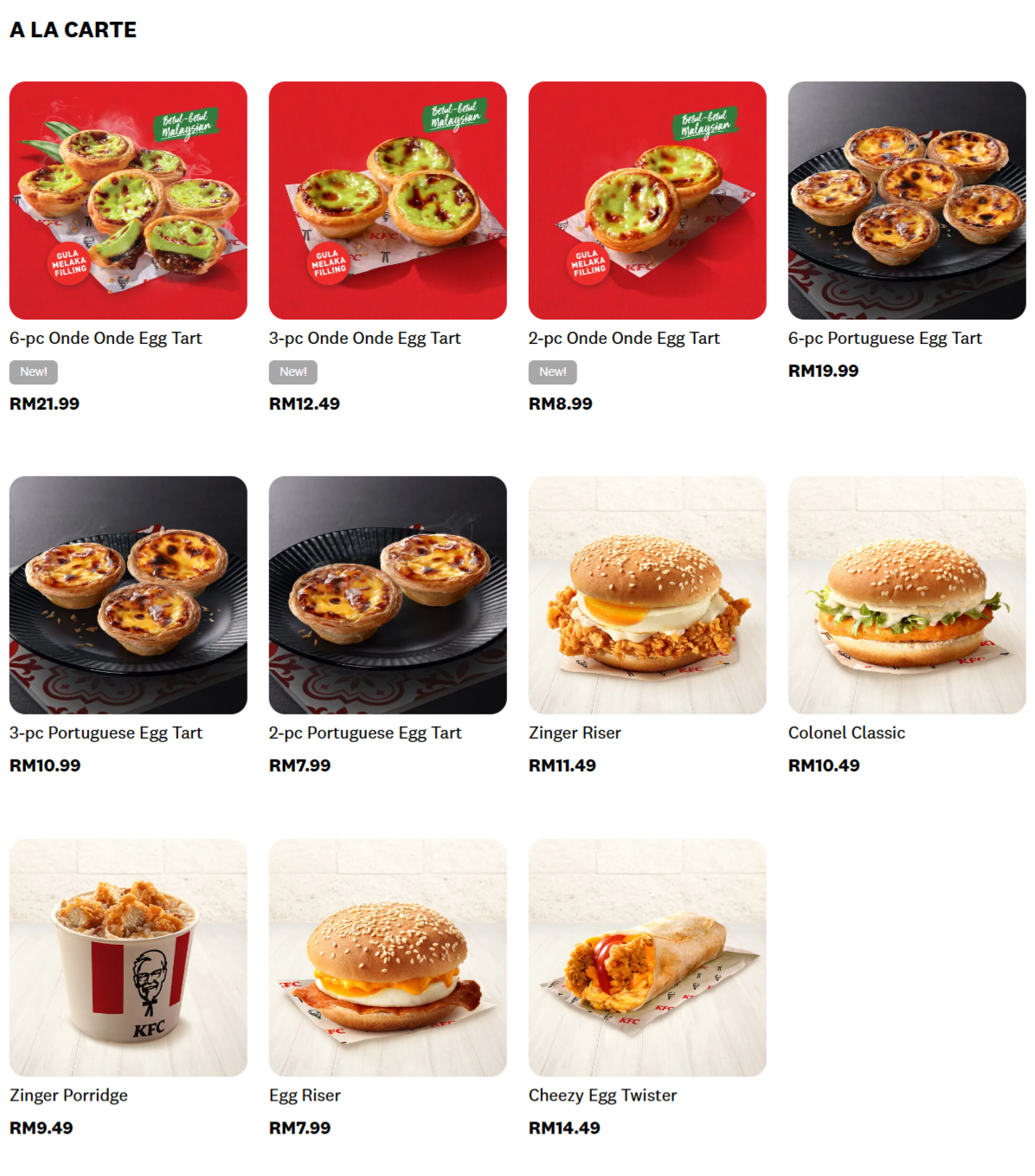 KFC A La Carte Menu Prices