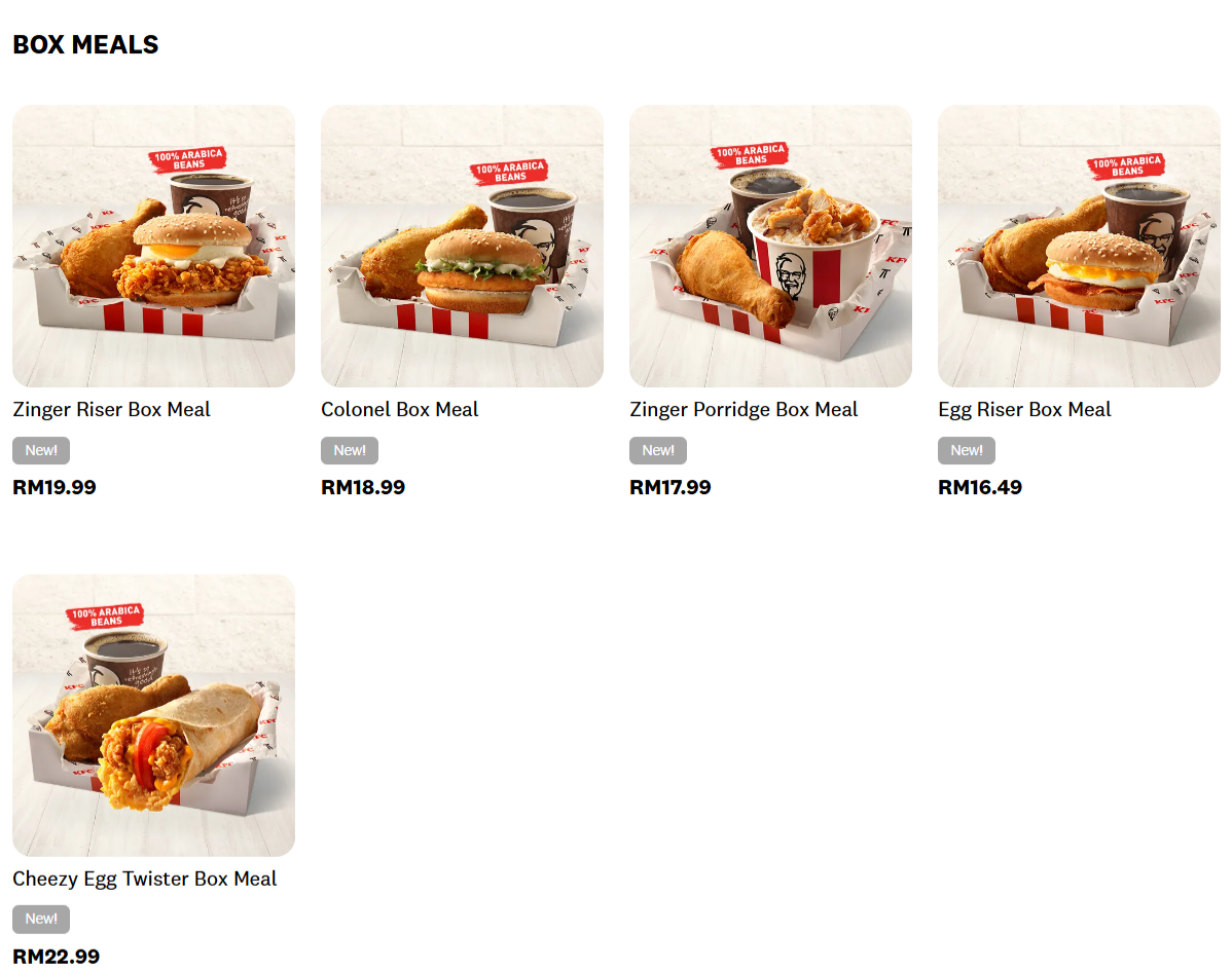 KFC Box Meals Menu Prices