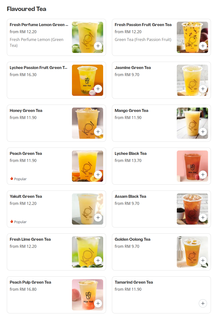 Koi Flavoured Tea Menu Prices