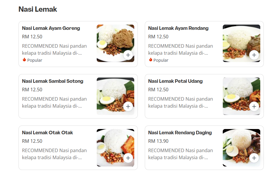 MyKluang Nasi Lemak Menu Prices