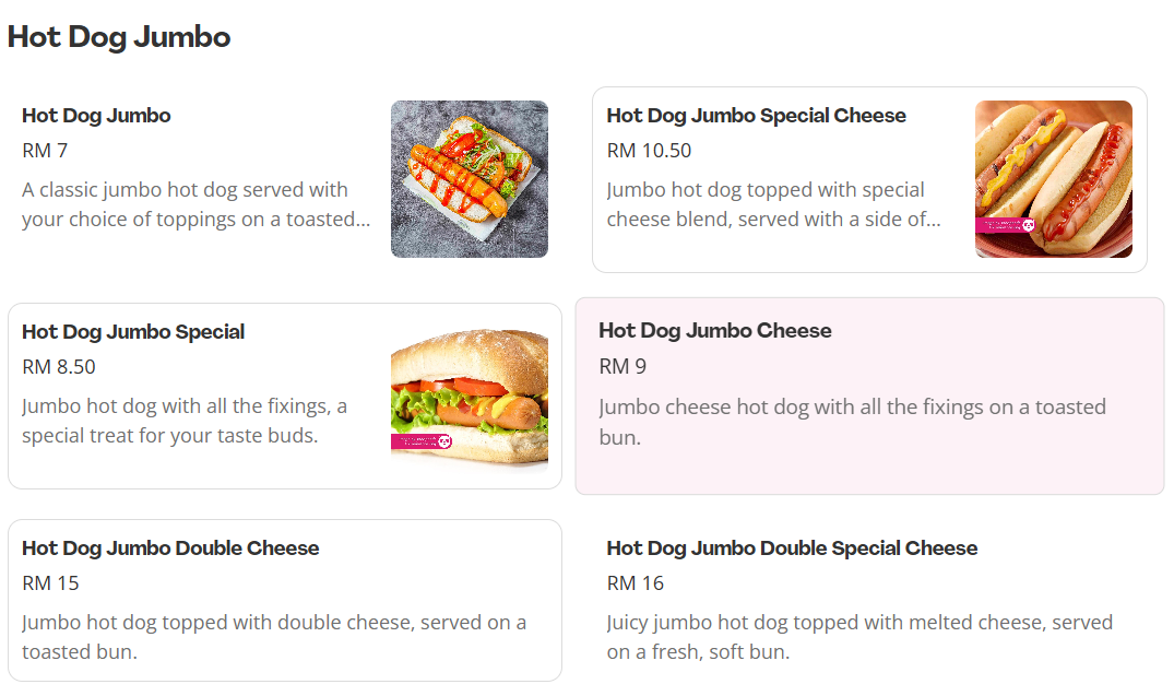 O' Burger Hot Dog Jumbo Menu Prices