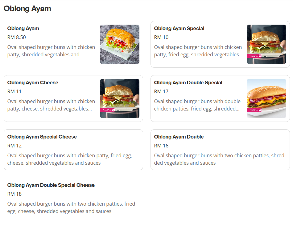 O' Burger Oblong Ayam Menu Prices