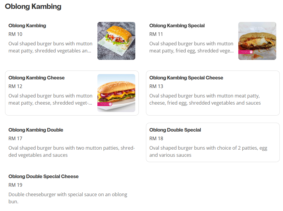 O' Burger Oblong Kambing Menu Prices