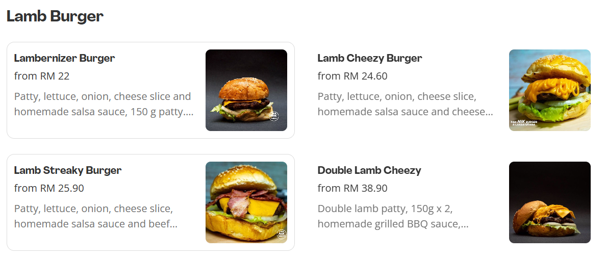 Pak Nik Burger Lamb Burger Menu Prices