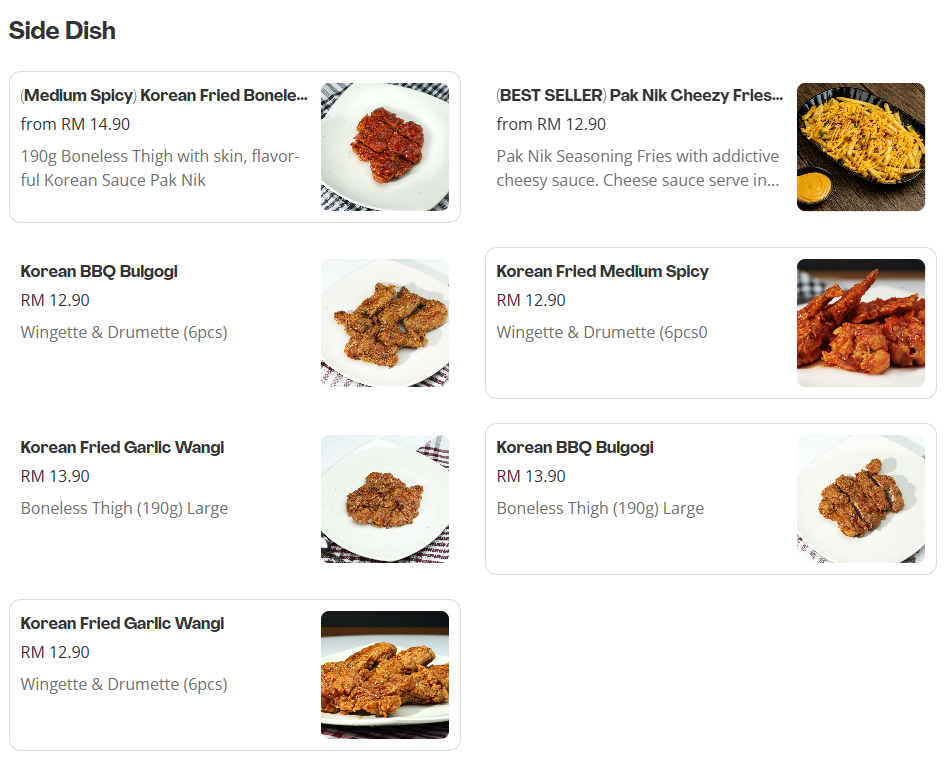 Pak Nik Burger Side Dish Menu Prices