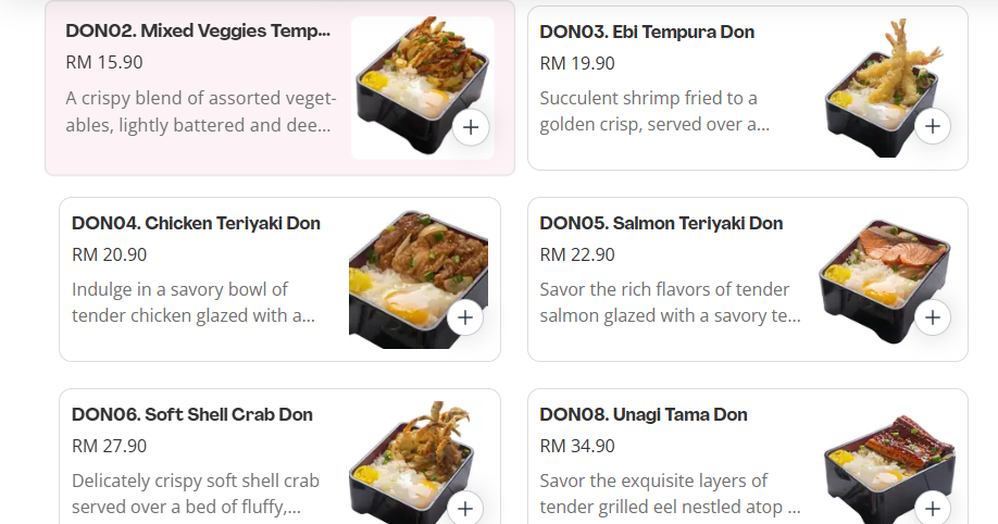 Papa sushi Donburi Menu Prices