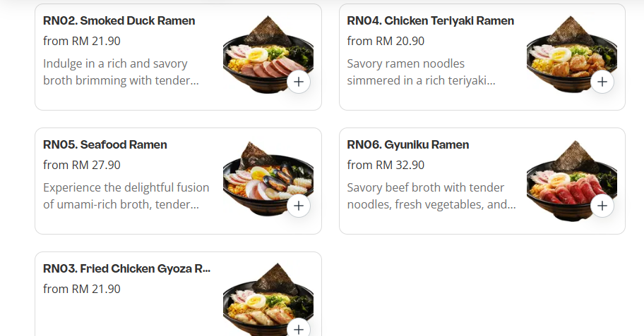 Papa sushi Ramen Menu Prices