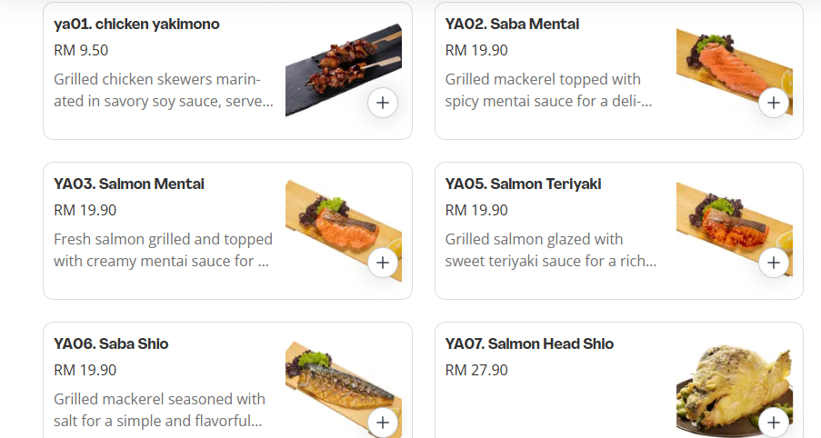 Papa sushi Yakimono Menu Prices