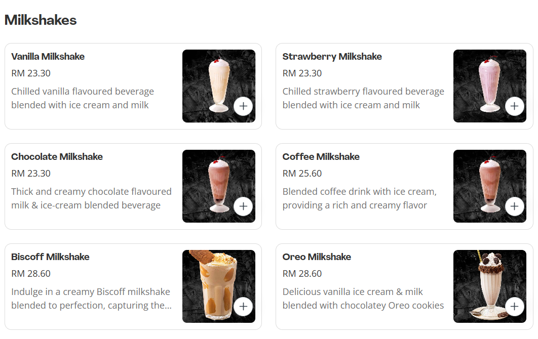 Pasadena Milkshakes Menu Prices