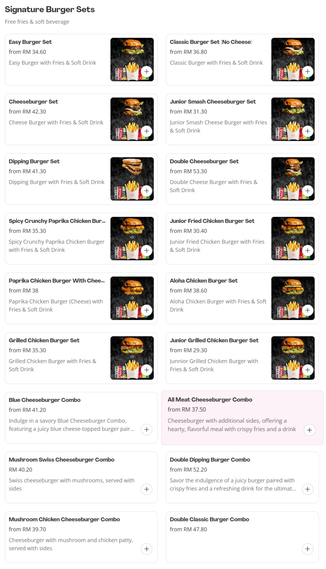 Pasadena Signature Burger Sets Menu Prices