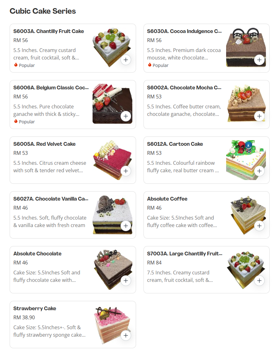 Pistachio Bakery Cubic Cake Series Prices