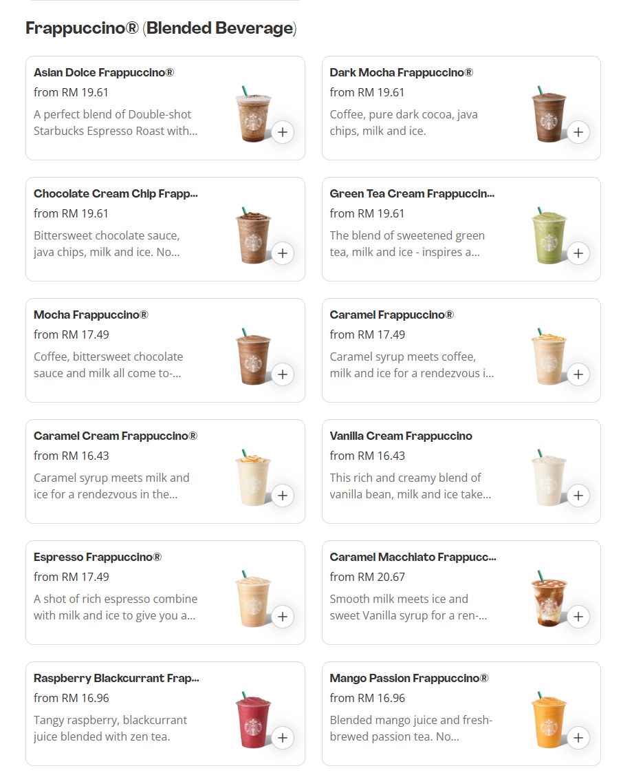 Starbucks Frappuccino®(Blended Beverage) Prices