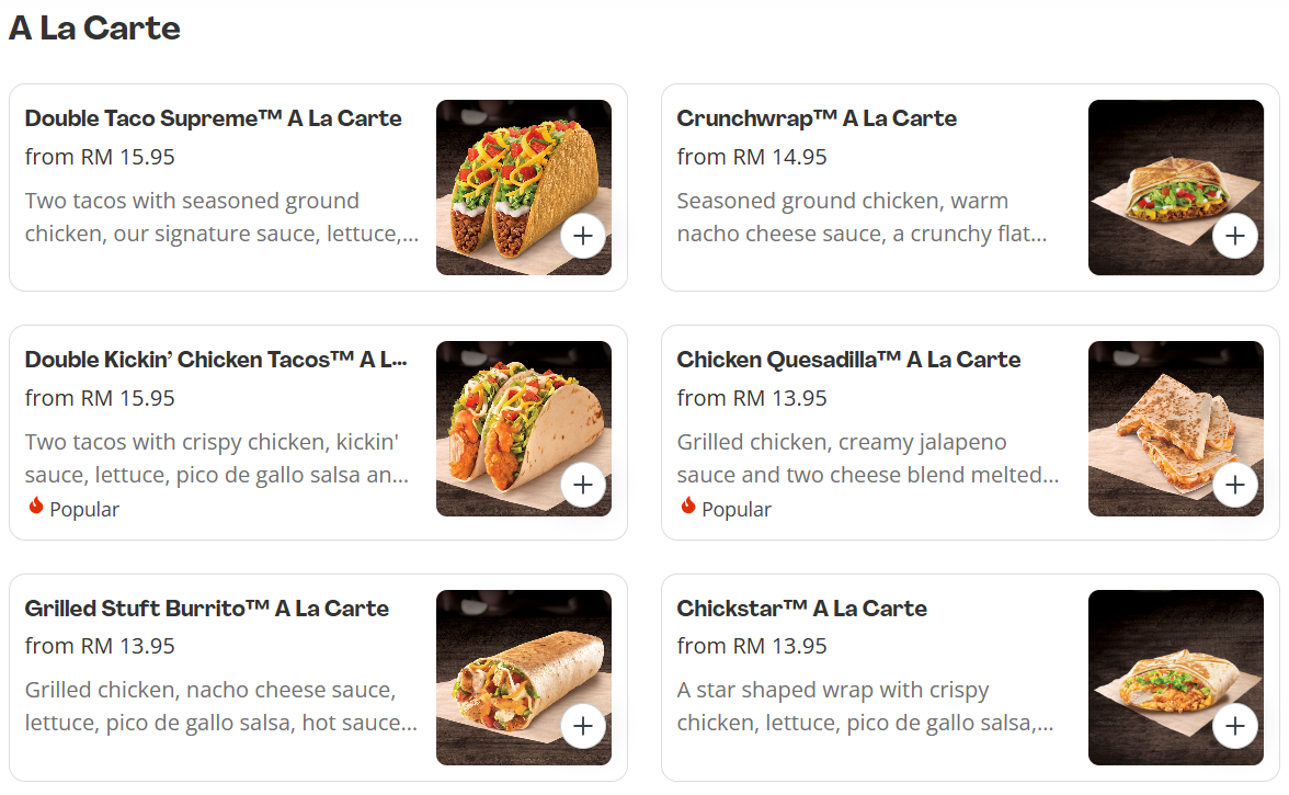 Taco Bell A La Carte Menu Prices