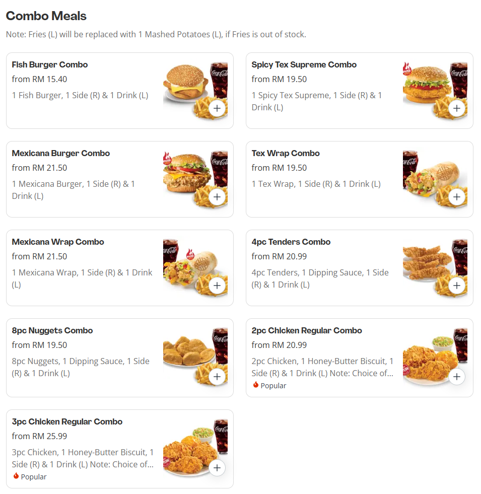 Texas Chicken Combo Meals Menu Prices