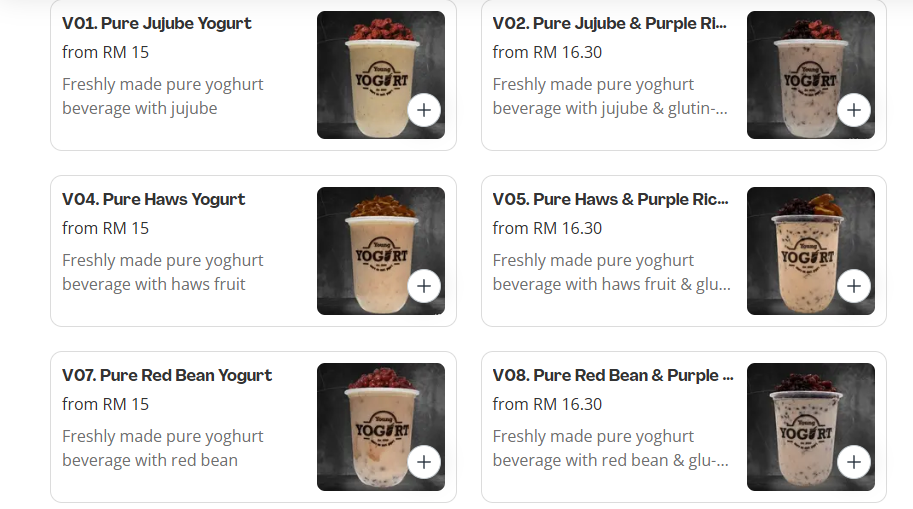 Young Yogurt Vitality Series Menu Prices