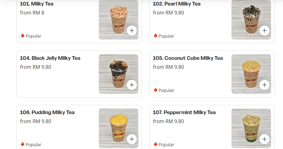 Yoyo Milk Tea Menu Prices