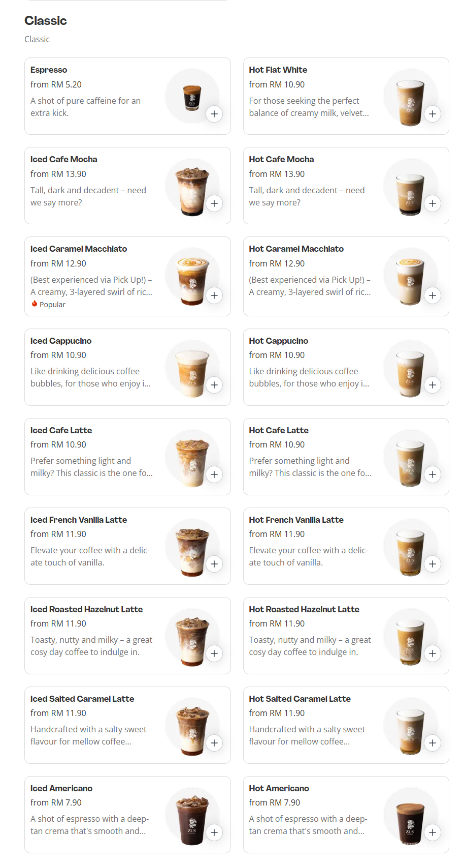 Zus Coffee Classic Prices